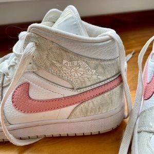 Nike Air Jordan Sneakers, Mid Rise, White/Gray, Pink Swoosh, Size 5.5